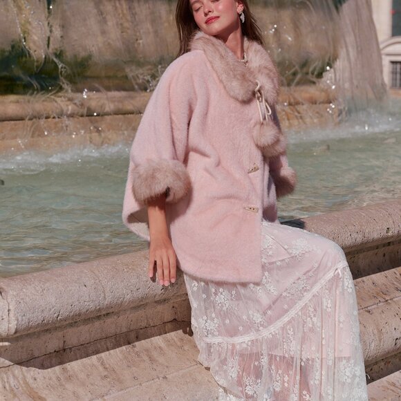 Pink Faux Fur Trim Cape Poncho Wrap - Picture 2 of 5